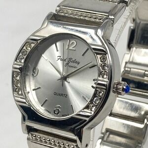 Fred Belay Mens Watch 34mm Silver Tone Crystals Bling Blue Crown New Battery 8"